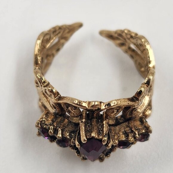 Gold Plat Filigree Ring Bohemian Ruby Crystals Open Shank Opens 6 to 7 and 8 - Picture 3 of 6